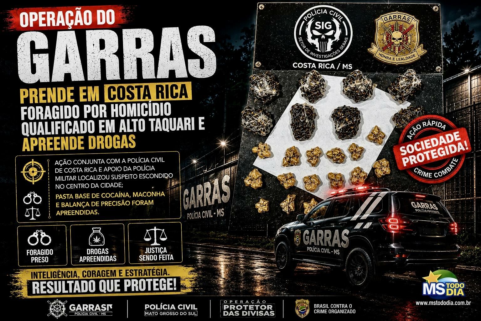 Imagem de compartilhamento para o artigo Operação do GARRAS prende em Costa Rica foragido por homicídio qualificado em Alto Taquari e apreende drogas da MS Todo dia